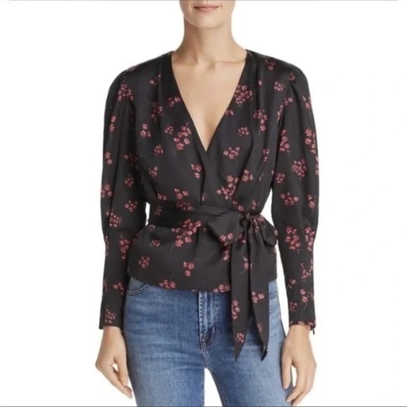 Keepsake Infinity Long Sleeve Wrap Blouse Top with tie Black Ditsy Size M NWT - Picture 1 of 8